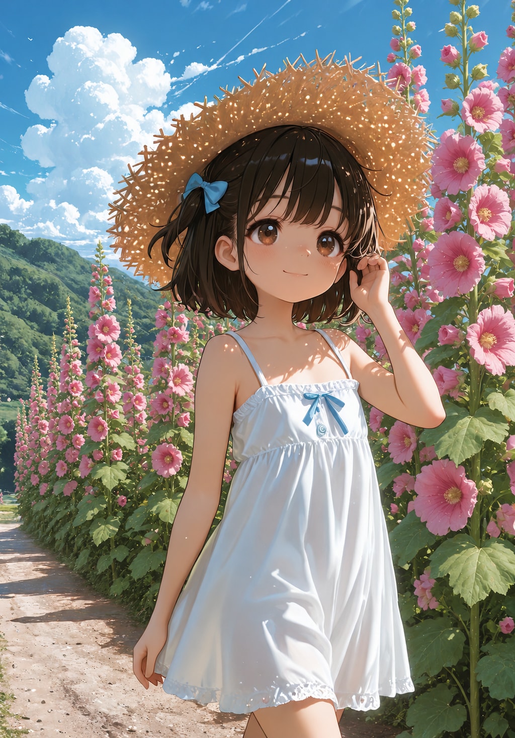 初夏、タチアオイの小径で
