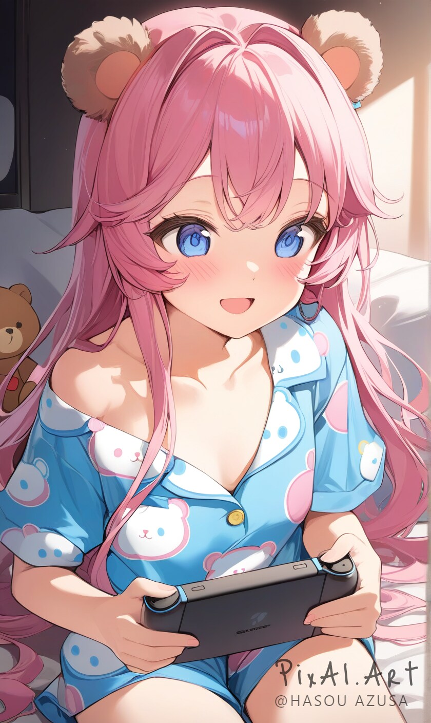 ゲームに熱中して肩がはだける
