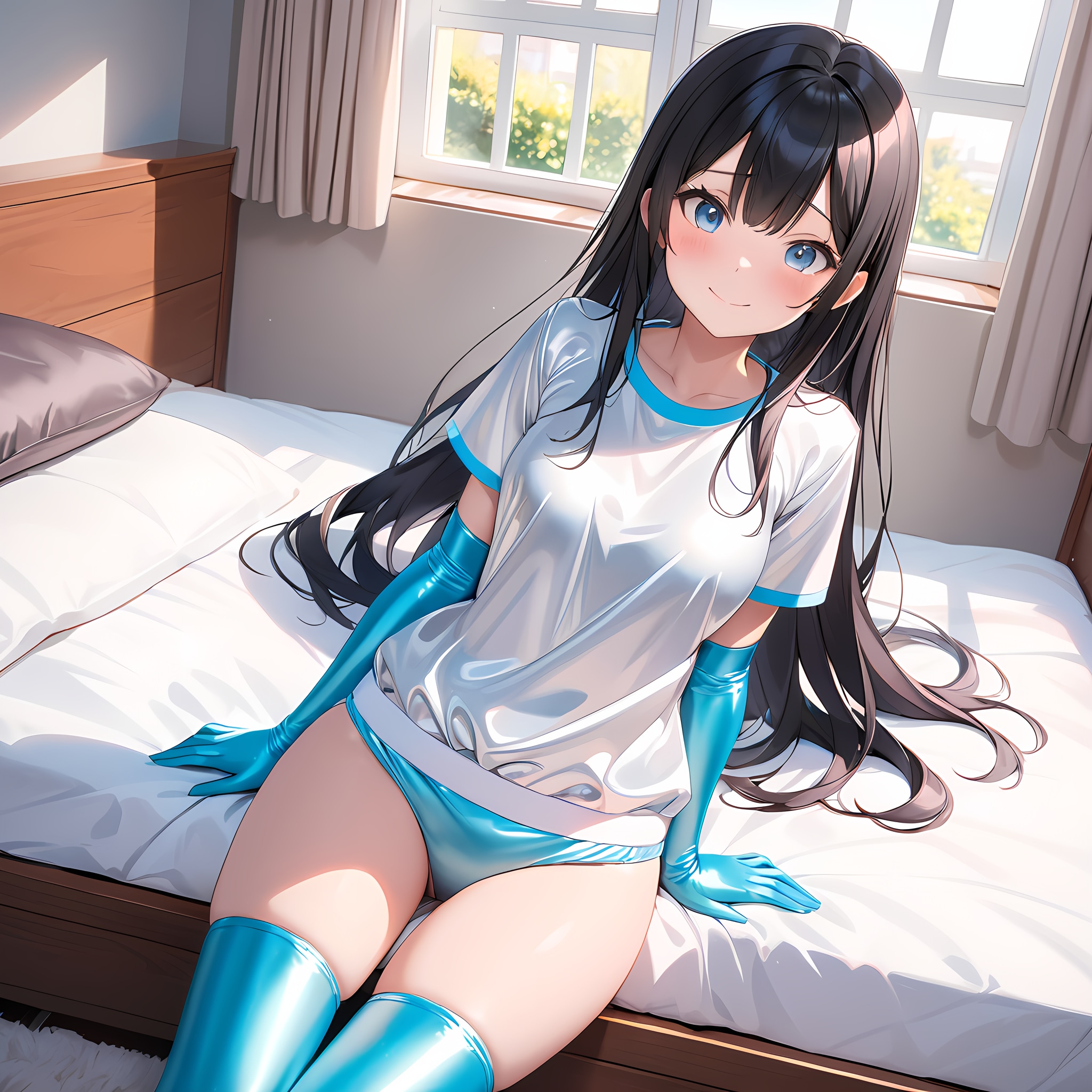 水色縁銀色体操服 空色・銀色長手袋サイハイソックス