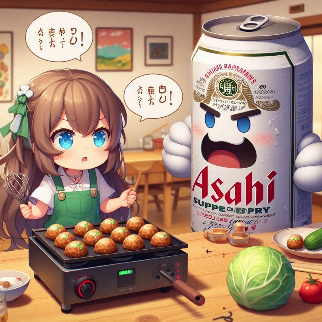 たこ焼きにキャベツ入れるか論争しているビール缶と小さな女の子