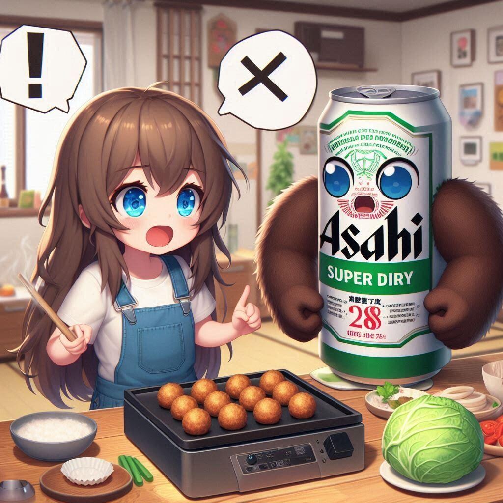 たこ焼きにキャベツ入れるか論争しているビール缶と小さな女の子