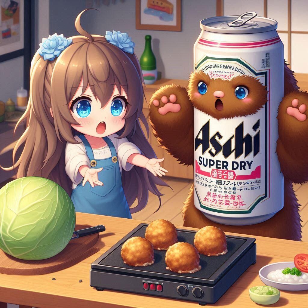 たこ焼きにキャベツ入れるか論争しているビール缶と小さな女の子