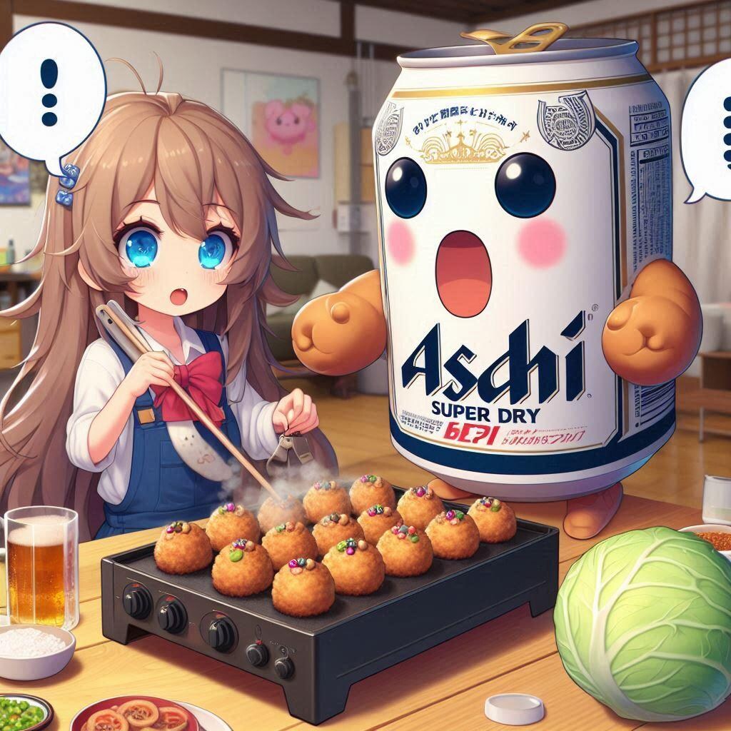 たこ焼きにキャベツ入れるか論争しているビール缶と小さな女の子