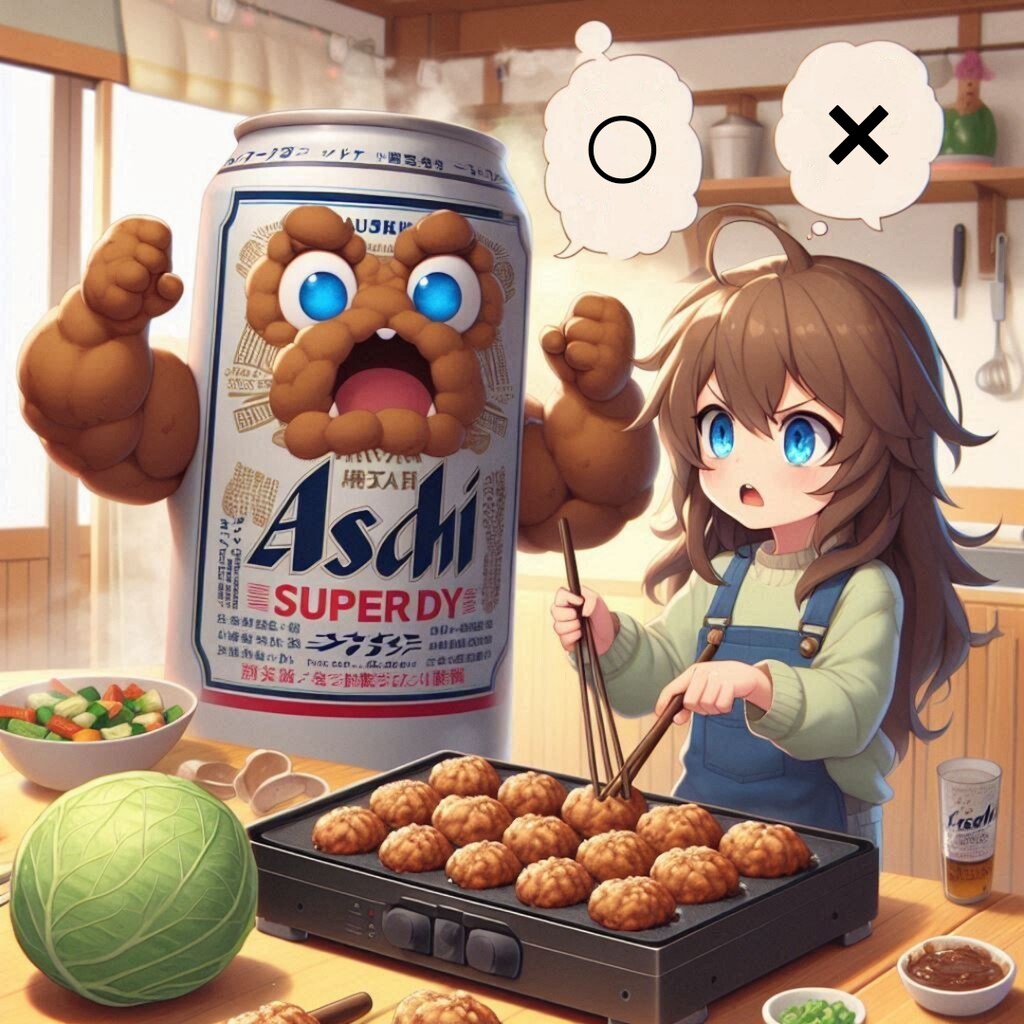 たこ焼きにキャベツ入れるか論争しているビール缶と小さな女の子