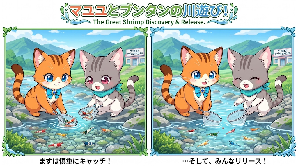 まゆゆと、ぶんたんが川遊びをする