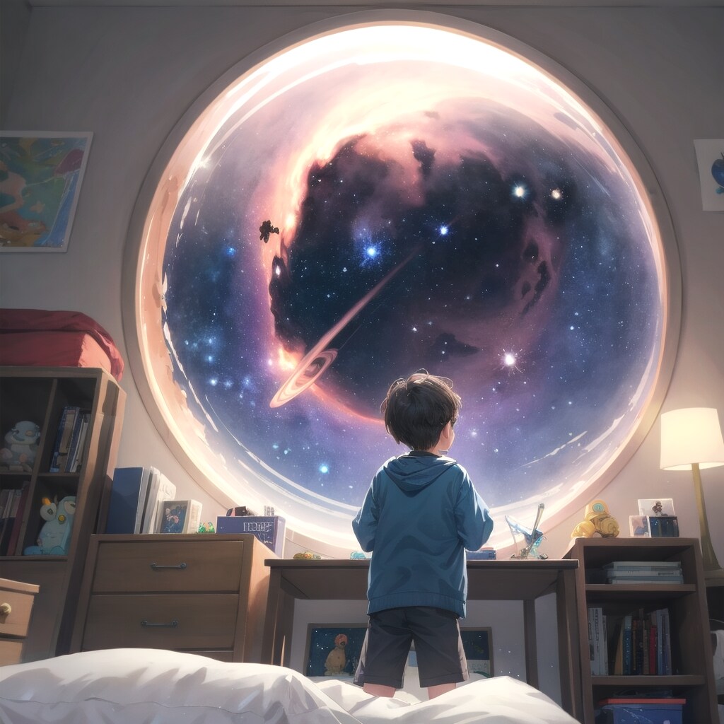 美しい宇宙空間に憧れを抱く８歳の可愛い小学生の男の子が自分の部屋の中で特殊ガラス状の美しい宇宙球儀に星や惑星 銀河団や星雲 ブラックホールが集約された美しい宇宙球儀をワクワク感に包まれ楽しそうに眺める