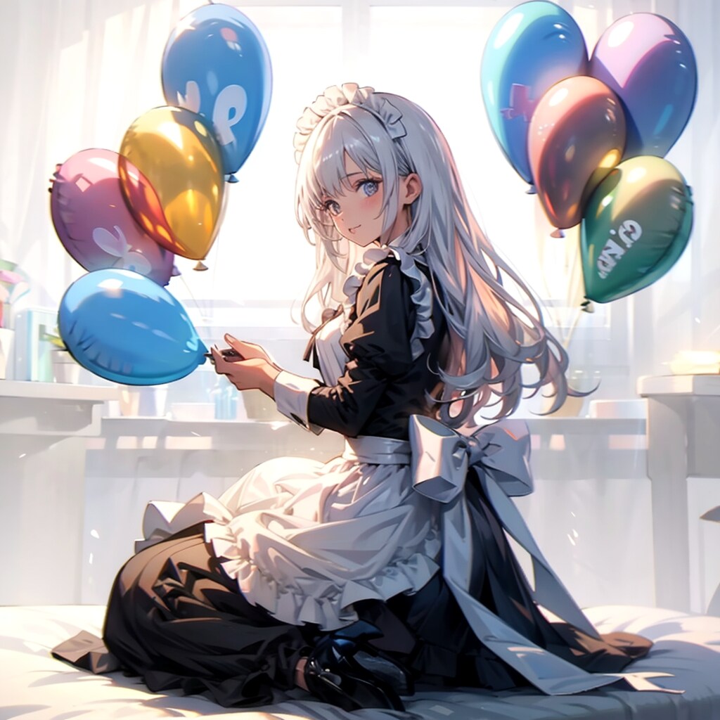 いっぱい色とりどりの風船を持つ銀髪ロングのメイド服着た美女 | の人気AIイラスト・グラビア