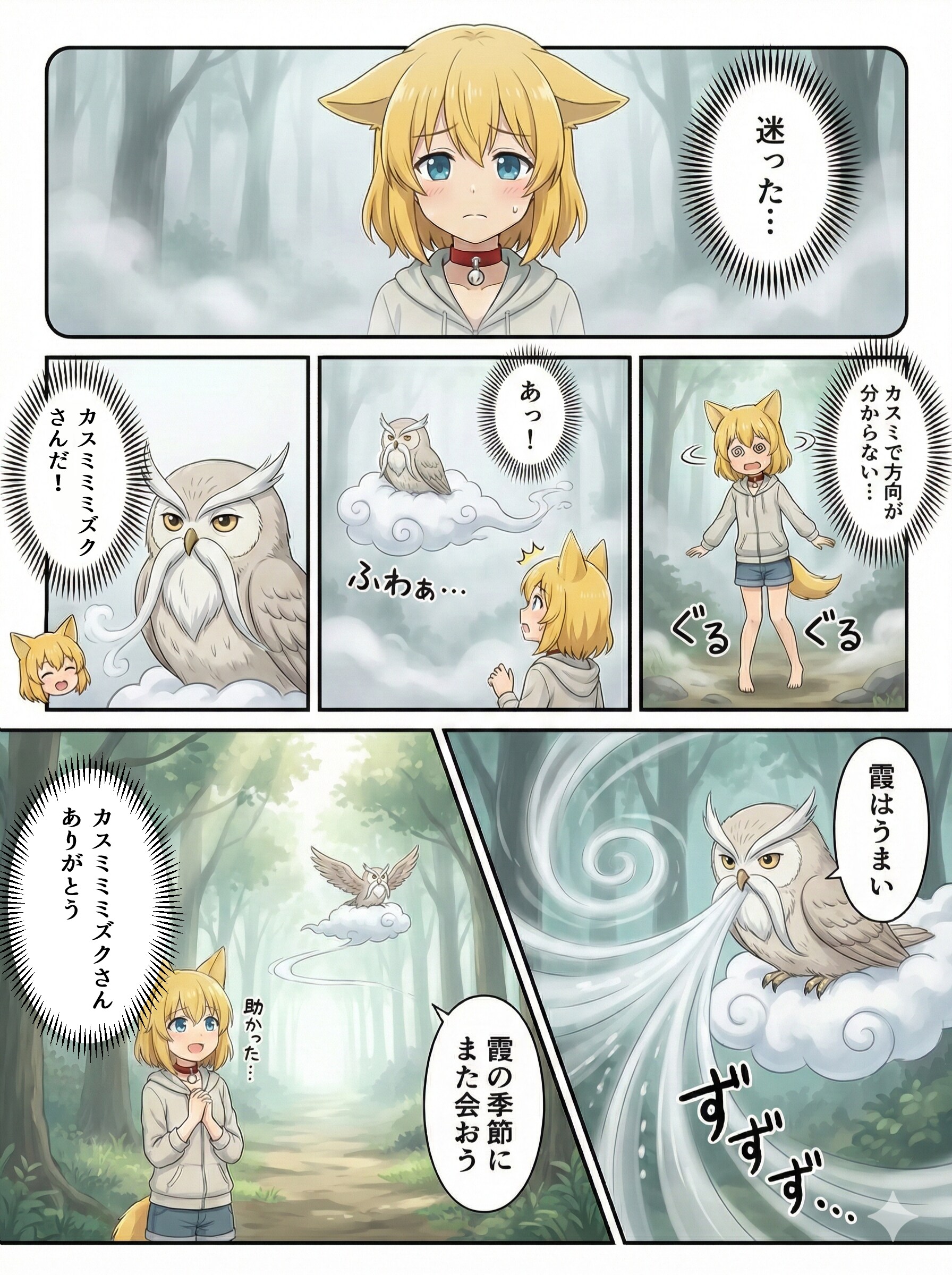 霞がかる森で迷子になったものの霞を食べて生きるカスミミミズクさんに助けられるキツネ | の人気AIイラスト・グラビア