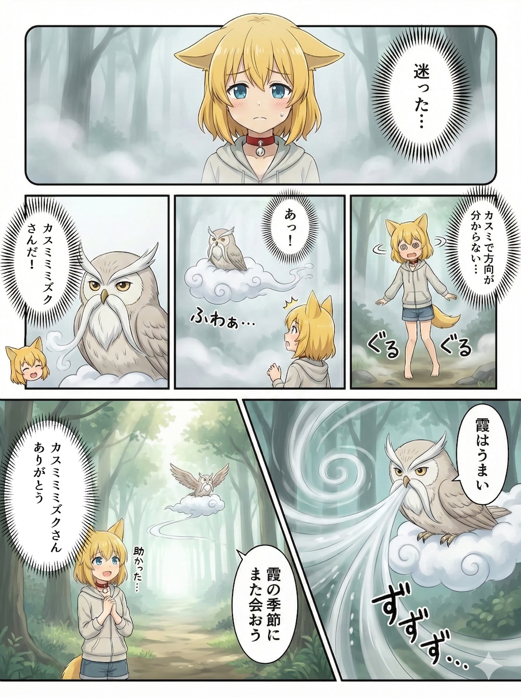 霞がかる森で迷子になったものの霞を食べて生きるカスミミミズクさんに助けられるキツネ