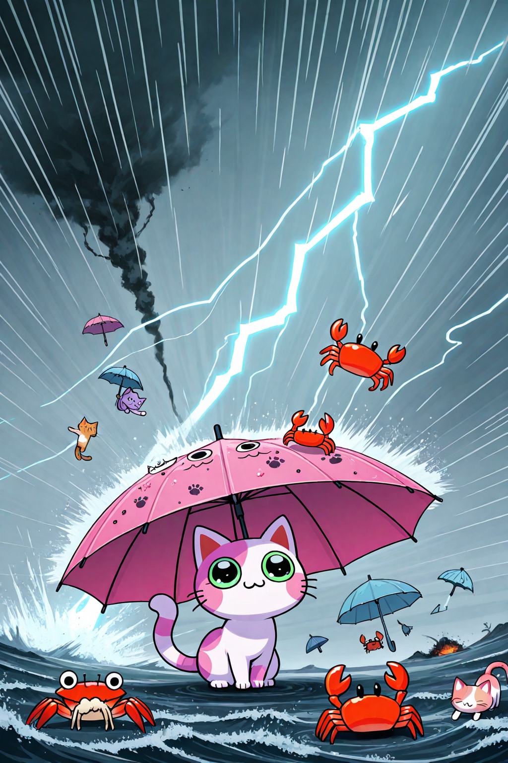【アンサーかにくえ】ねこさまとカニさんの傘ストーム〜ともぐいを添えて〜 | の人気AIイラスト・グラビア