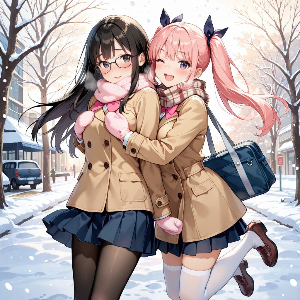 詩織＆ひな　通学風景 | の人気AIイラスト・グラビア