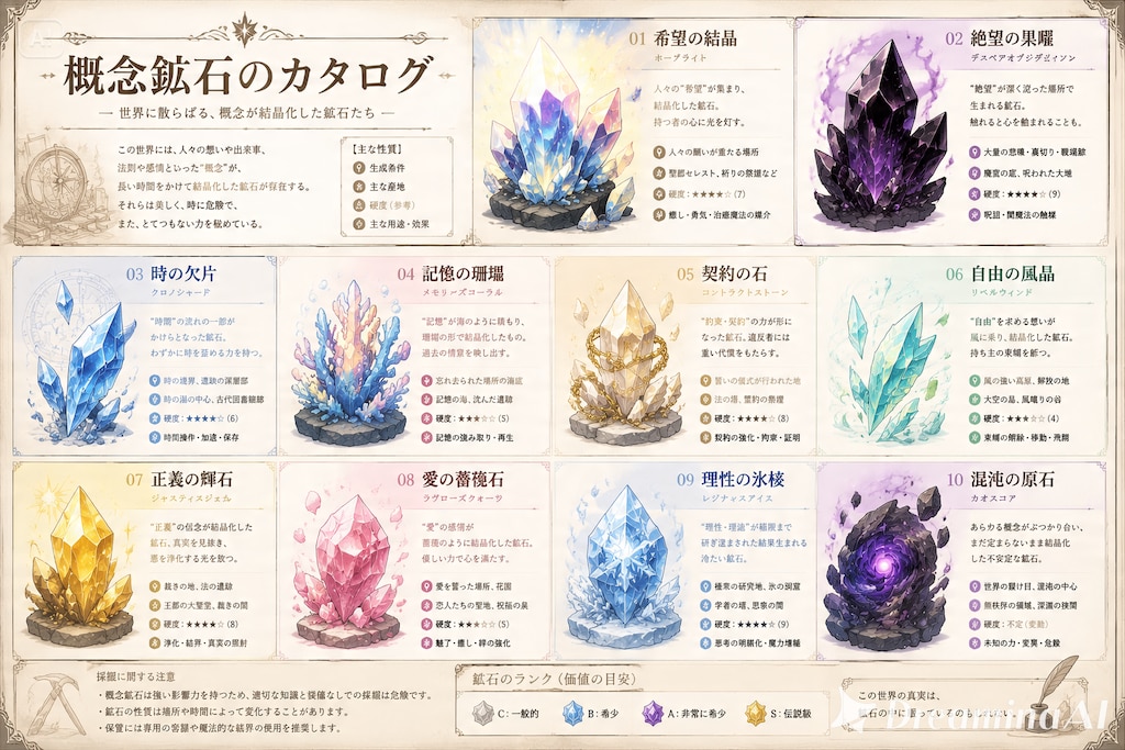 『アニメ調。魔法の鉱石カタログ。概念の力版。』