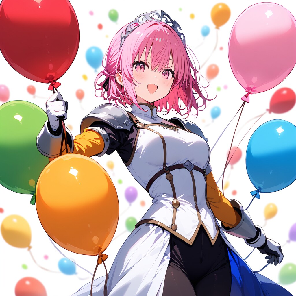 色とりどりの風船を持つピンク髪の女性騎士。
