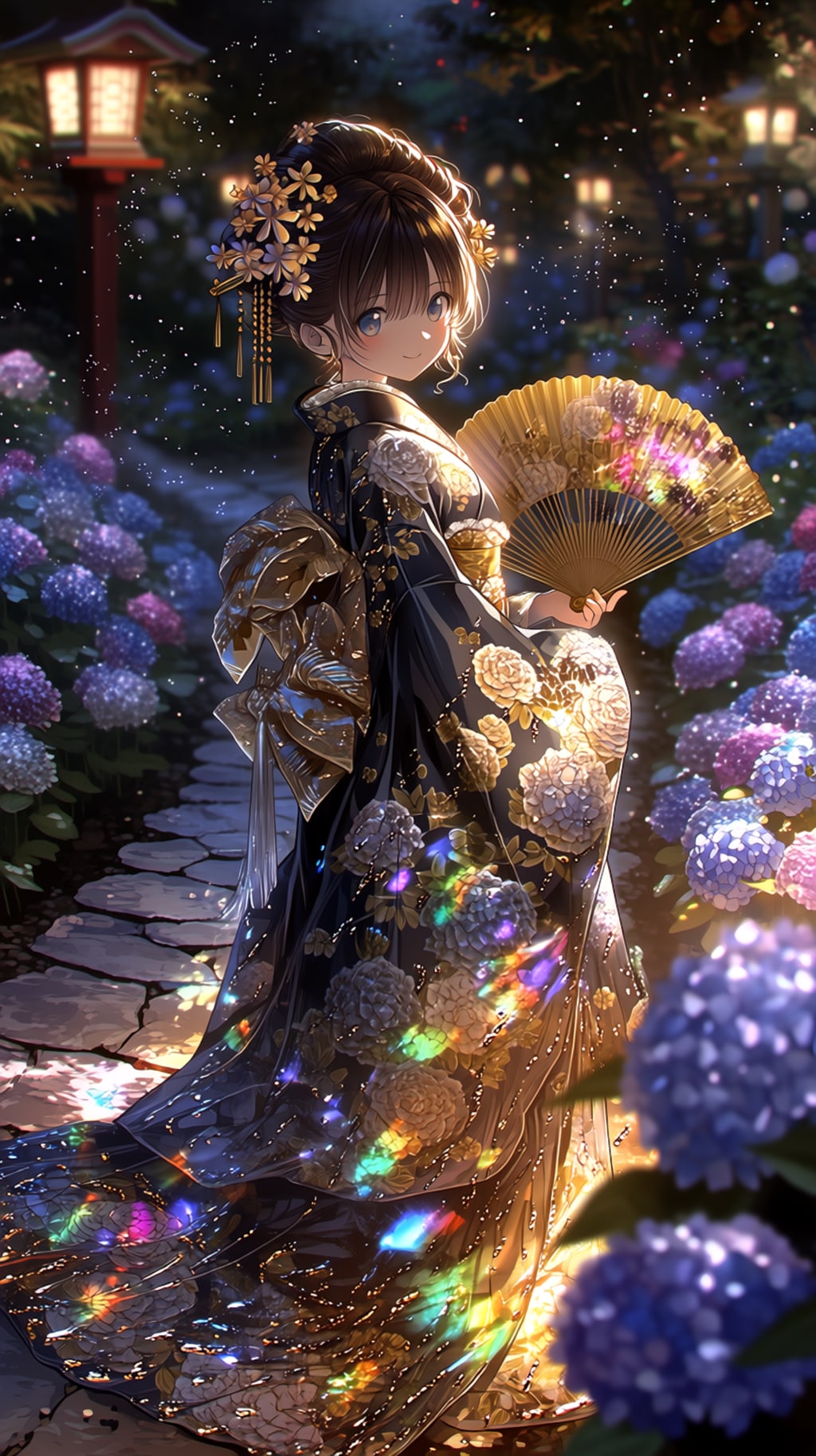 🪭 Golden Fan Beneath the Hydrangeas  「紫陽花の下の黄金扇」