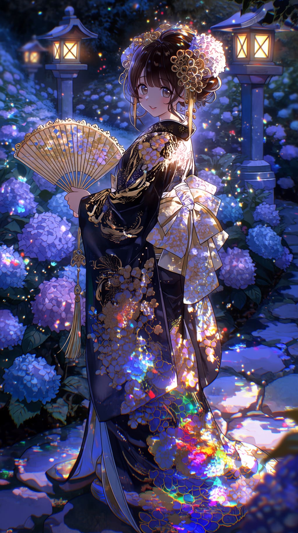 🪭 Golden Fan Beneath the Hydrangeas  「紫陽花の下の黄金扇」