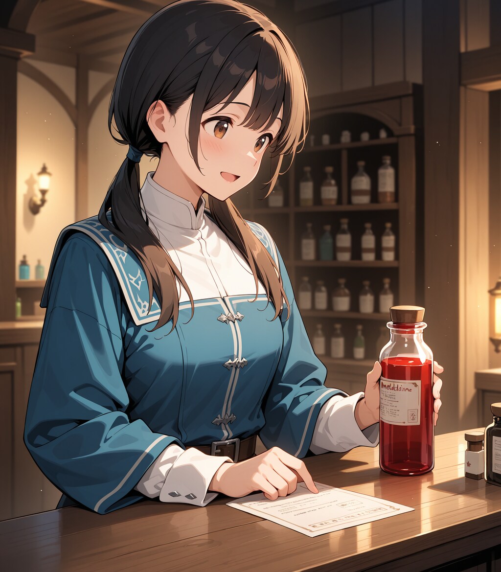 回復薬の説明をする薬剤師
