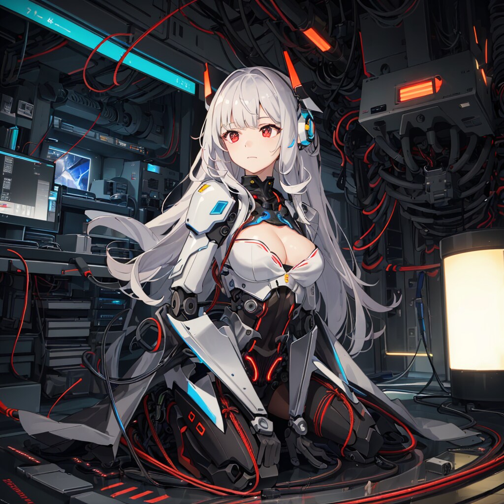 ケーブルとコンソールとメカ娘の女の子座り