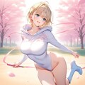 桜の下でパーカー長袖ハイレグレオタード姿の金髪ショート新体操美少女 2枚目