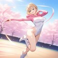 桜の下でパーカー長袖ハイレグレオタード姿の金髪ショート新体操美少女 3枚目