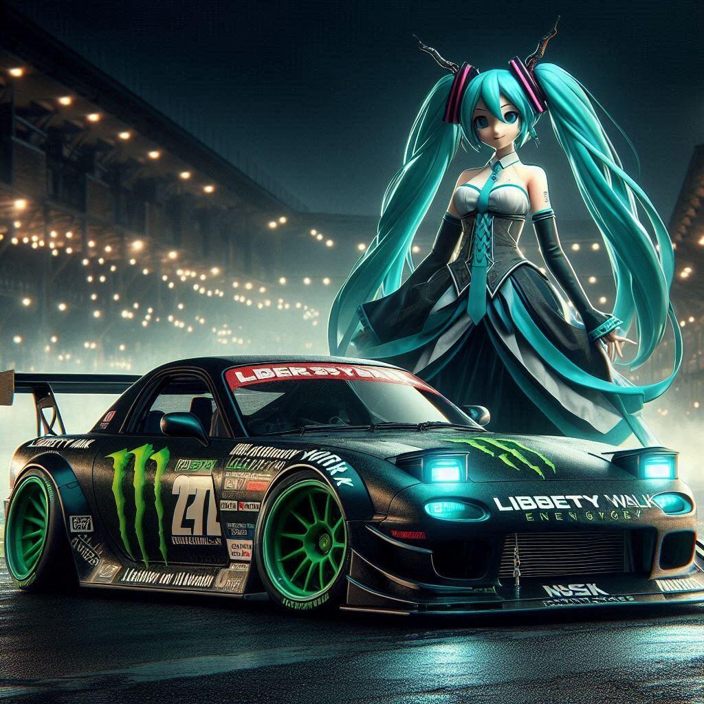 モンスターエナジーリバティーウォークRX-7のドリ車と初音ミク