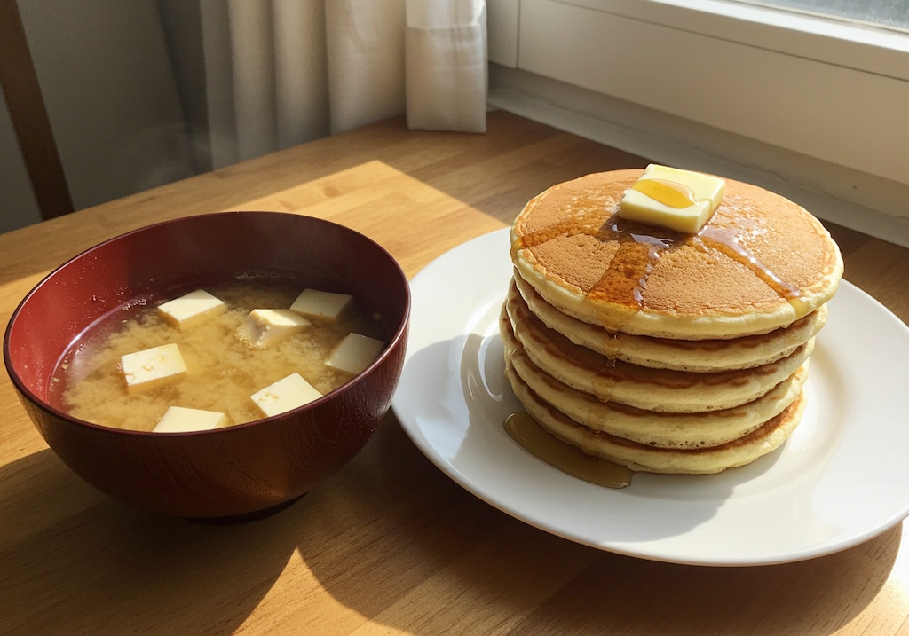仏のホットケーキと神のみぞ知る神の味噌汁で朝食
