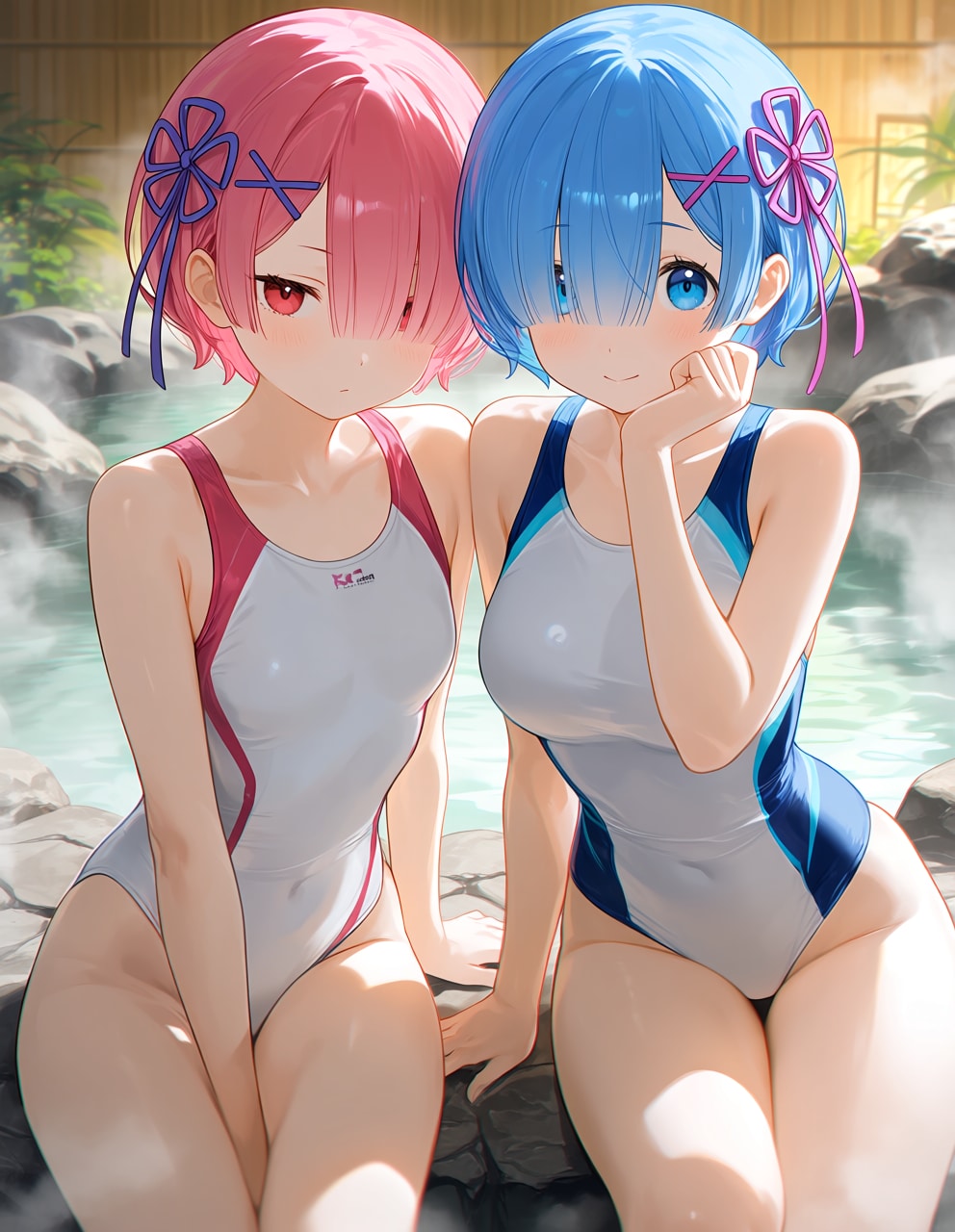 水着のラムレム姉妹と温泉(PixAI版リメイク)