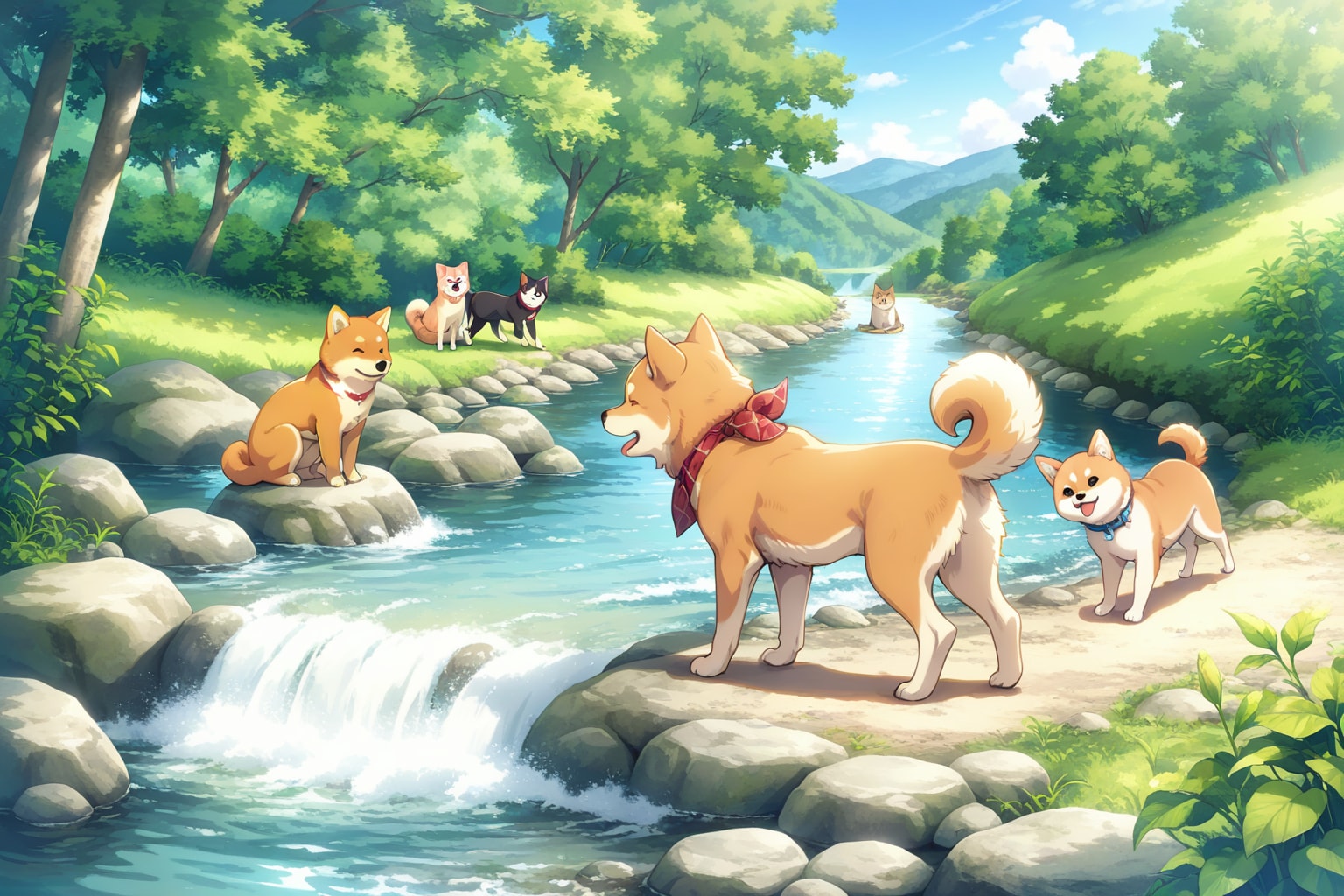 川は流れ、時は流れる。犬たちの川遊び