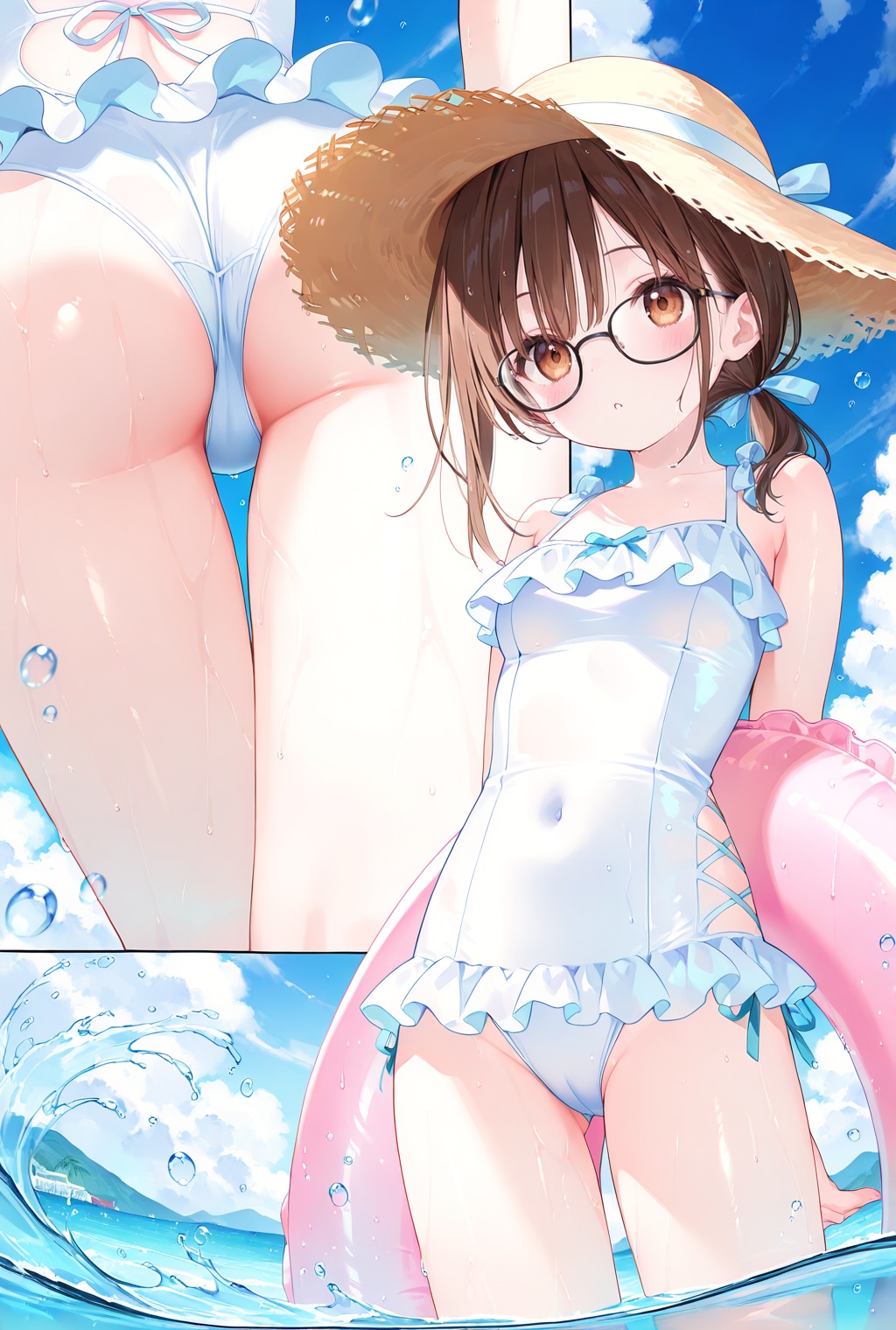 むぎわら、フリルワンピース水着、浮き輪、👓