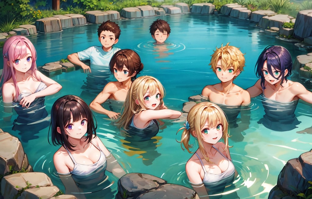 温泉に入浴してる、少年少女達（6枚）レトロモダン街シリーズ118