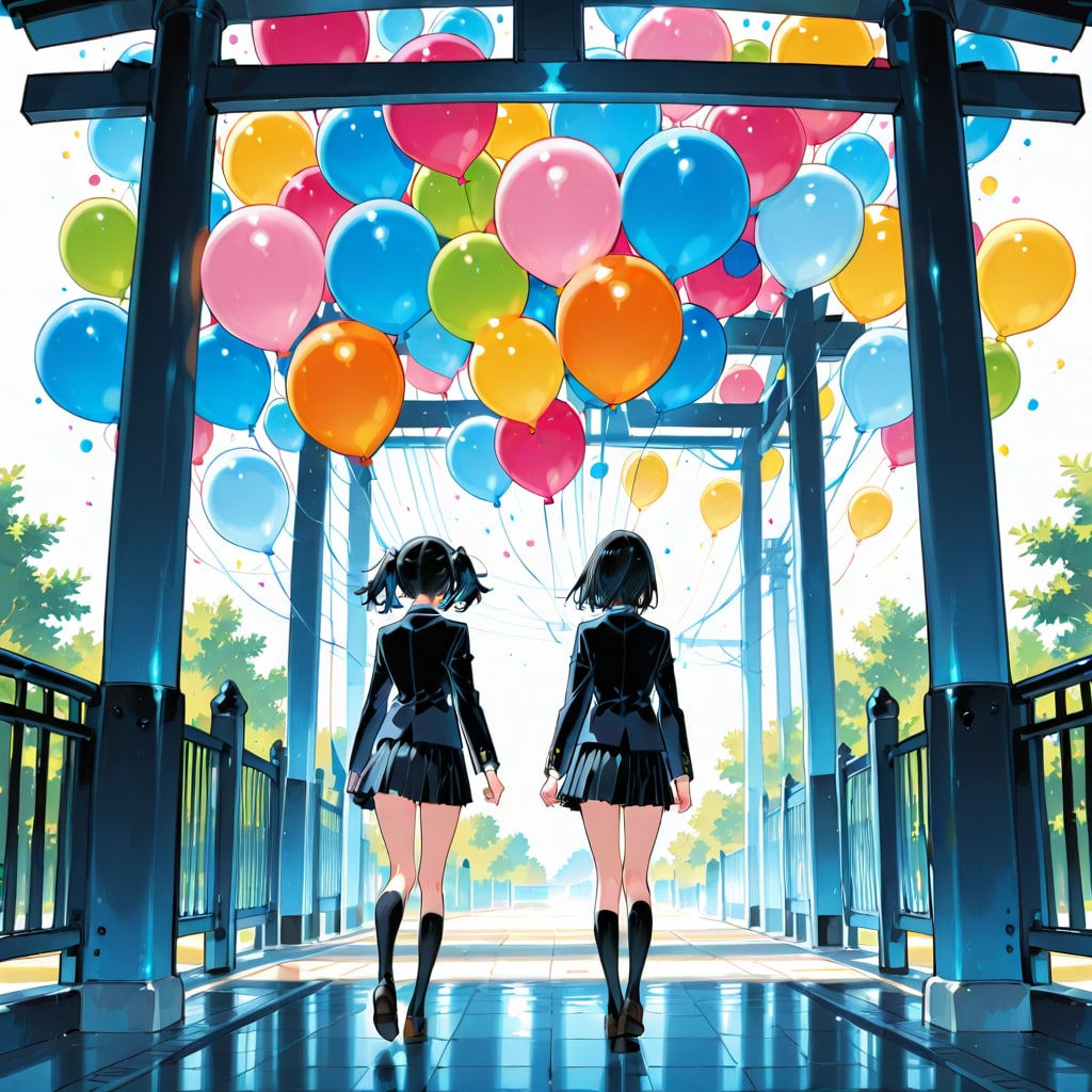 いっぱい色とりどりの風船を持つ黒髪ツインテールのブレザーの制服着た美少女 | の人気AIイラスト・グラビア