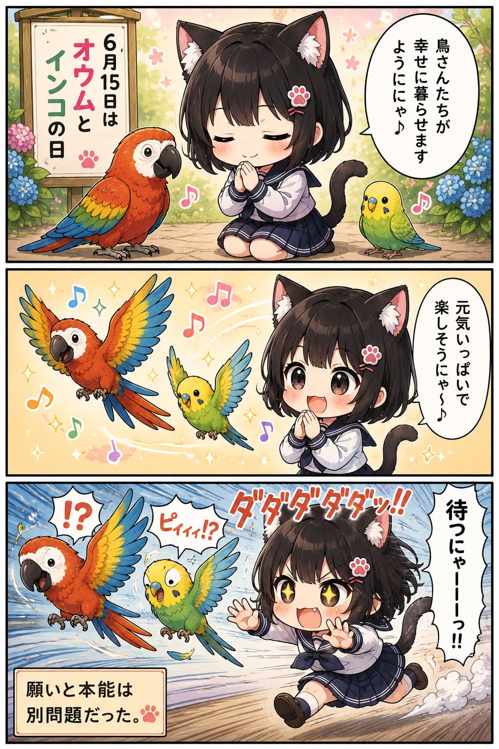 3コマ漫画 2026.06.15. 「オウムとインコの日」