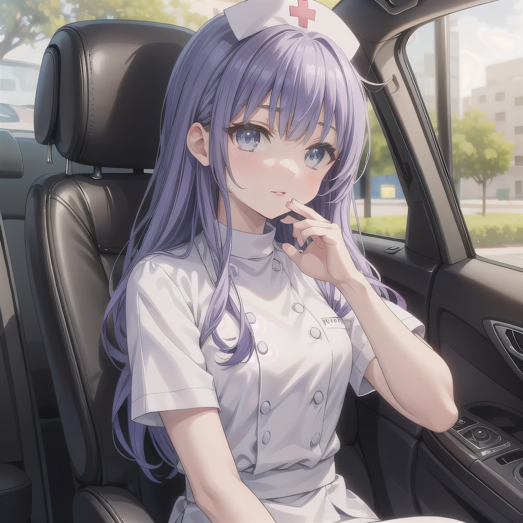 紫髪ロングで車内の少女