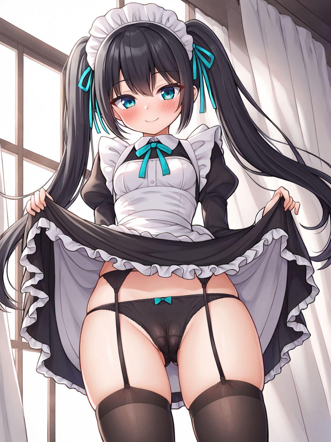 メイドのスカートたくし上げ