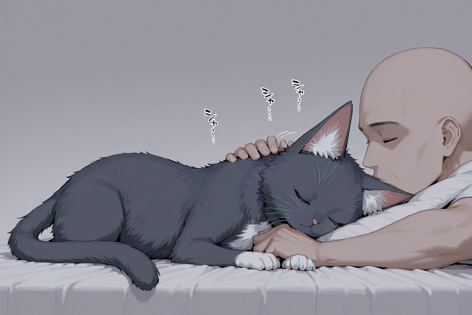 猫と添い寝する男
