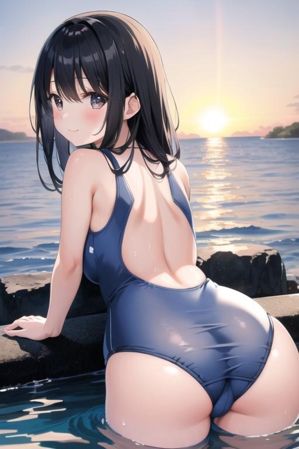 夕日と競水