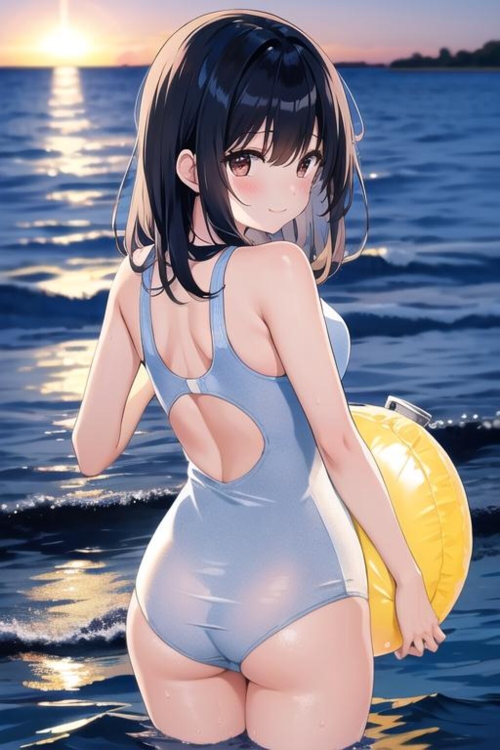夕日と競水