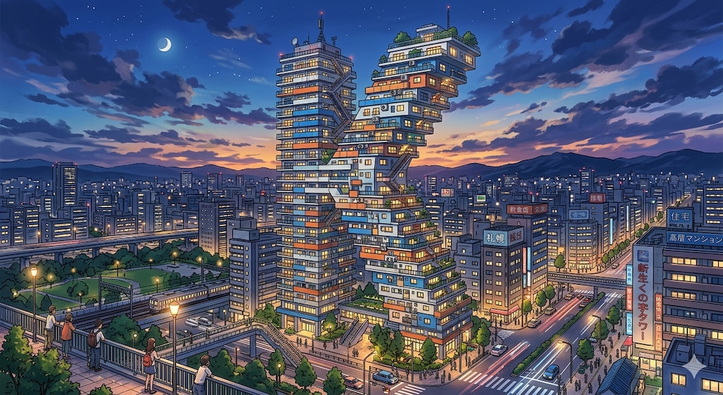 くの字に曲がったタワマン