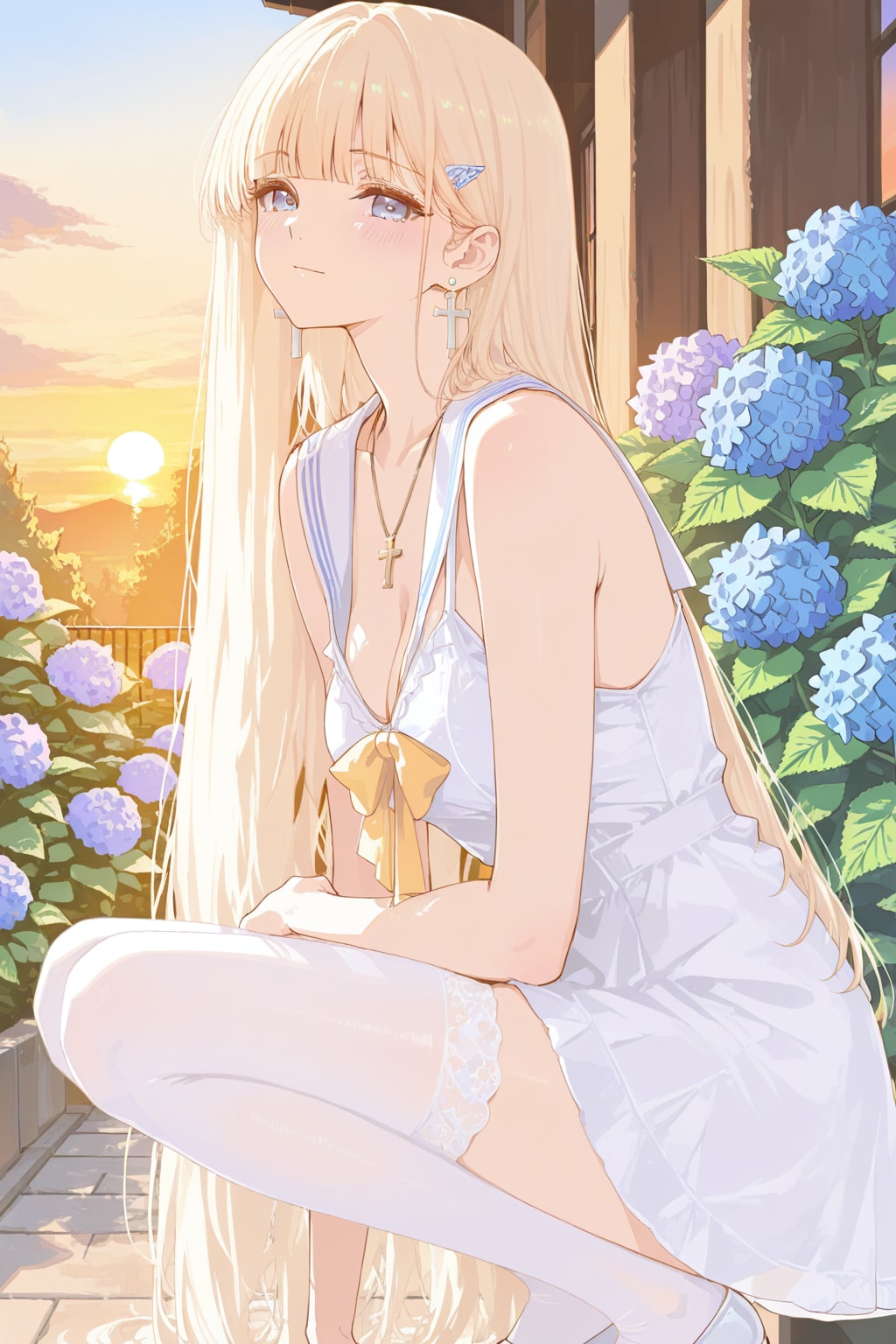 夕日に染まる庭で