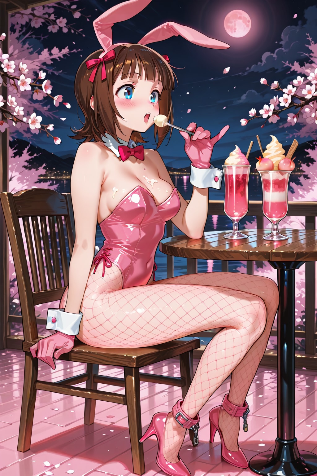 バニーガール衣装のはるるんと夜桜(ちちぷい版)