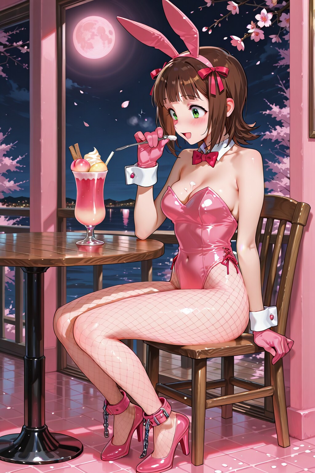 バニーガール衣装のはるるんと夜桜(ちちぷい版)