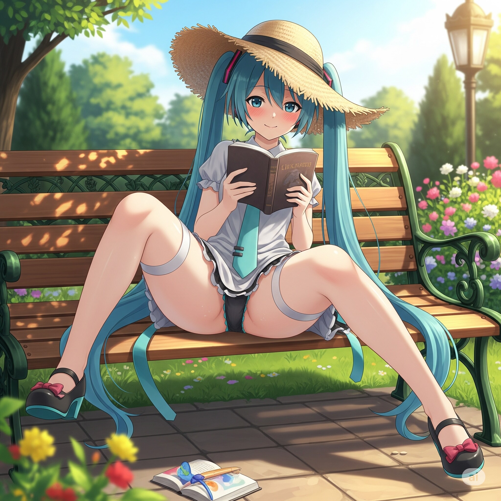 ベンチで読書をしているミクさん