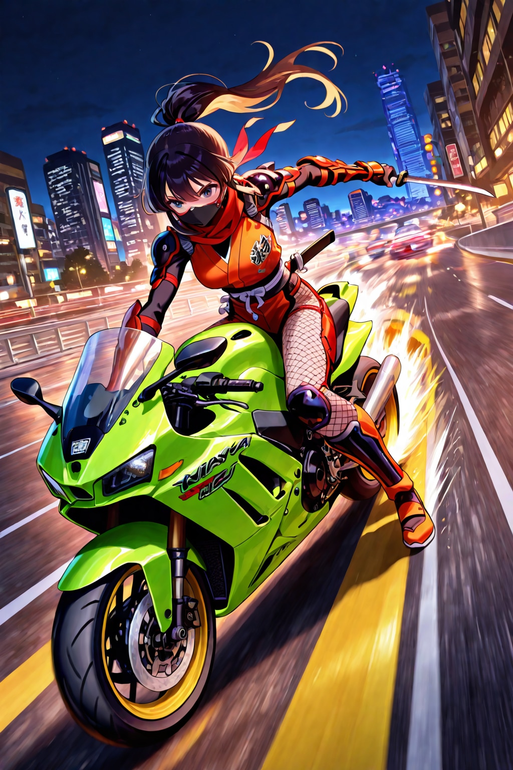 緑のバイクに乗る忍者 | の人気AIイラスト・グラビア