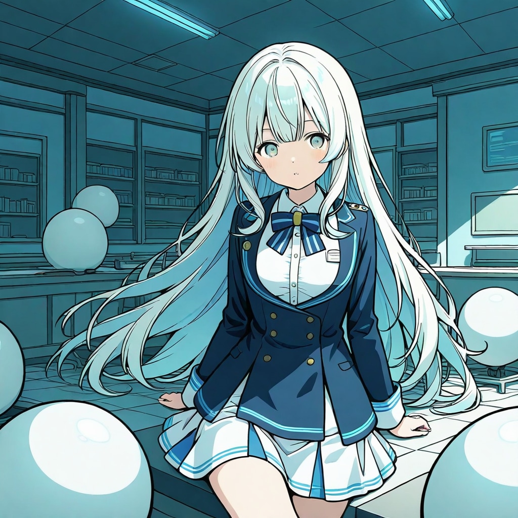 実験室でいっぱい白い風船を膨らませて遊ぶ白い髪ロングの美女。