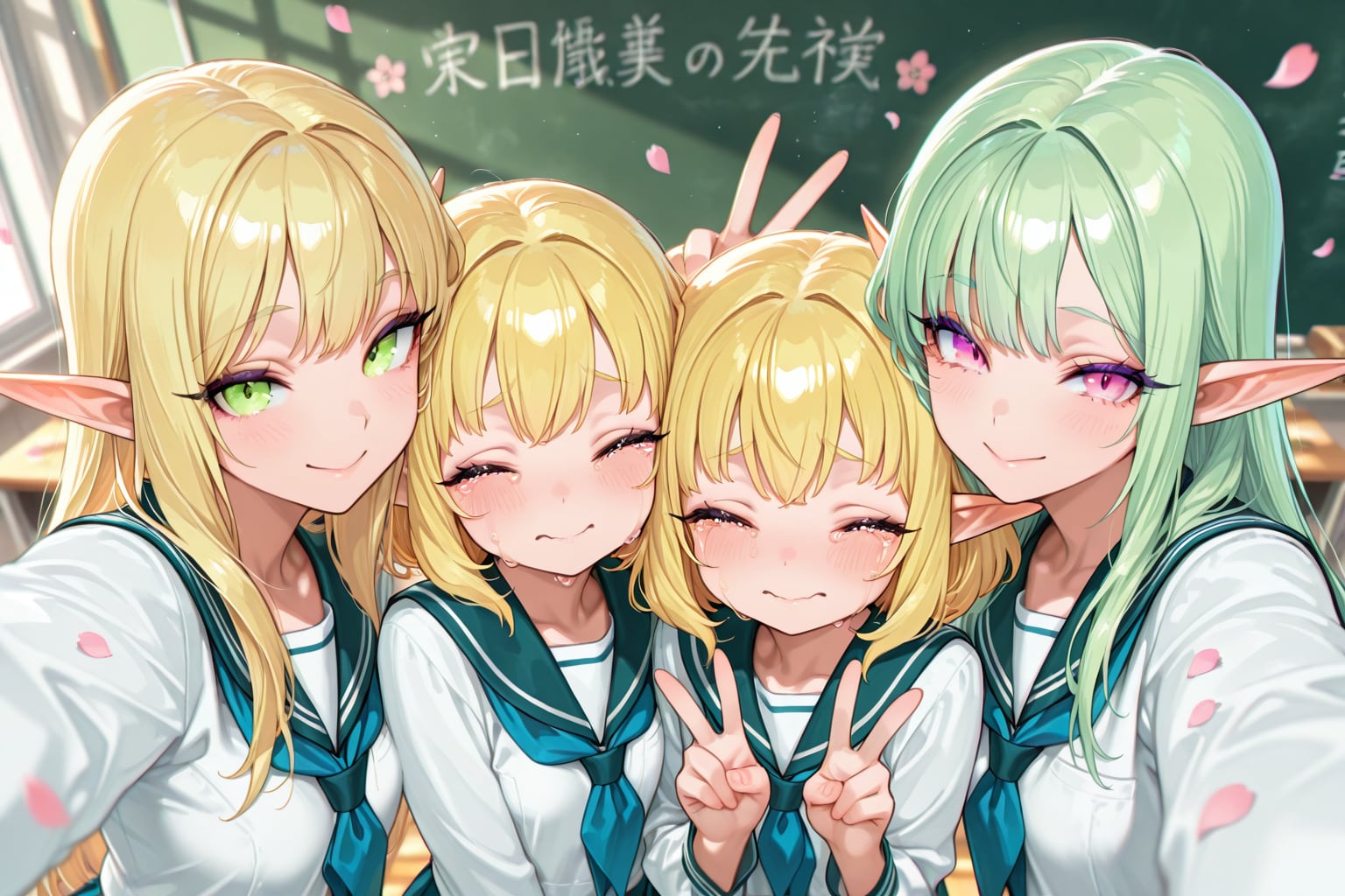 学生生活の最後に友達と教室で写真を撮るエルフの女の子 | の人気AIイラスト・グラビア