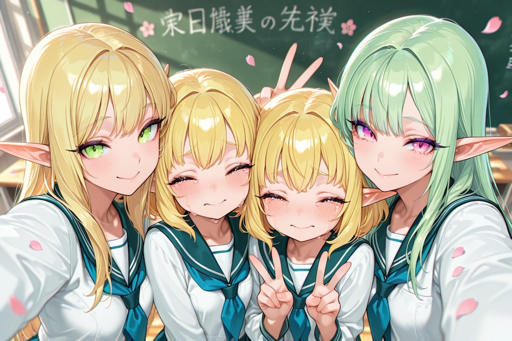 学生生活の最後に友達と教室で写真を撮るエルフの女の子