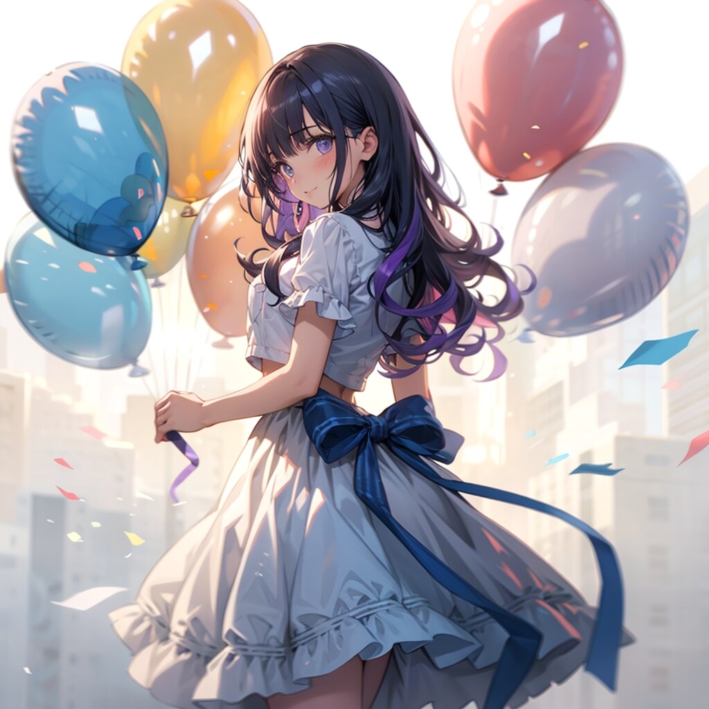 いっぱい色とりどりの風船を持つ紫髪ロングウェーブヘアの白いフリル付けたスカート着てる美女 | の人気AIイラスト・グラビア
