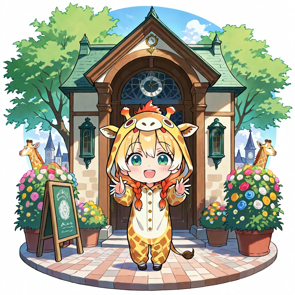 春のお花の鉢植えが飾られた建物とキリン着ぐるみちび子ちゃん | の人気AIイラスト・グラビア