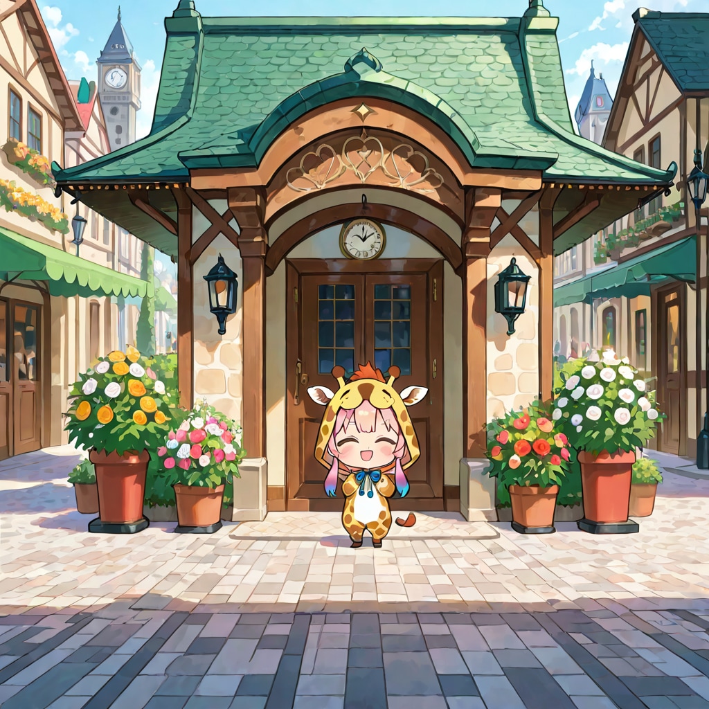 春のお花の鉢植えが飾られた建物とキリン着ぐるみちび子ちゃん