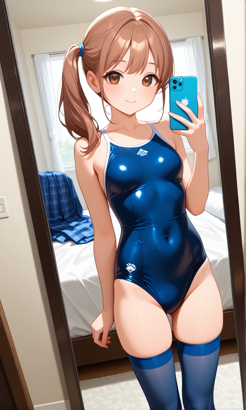 スク水サイドポニー女子　鏡越しの自撮り
