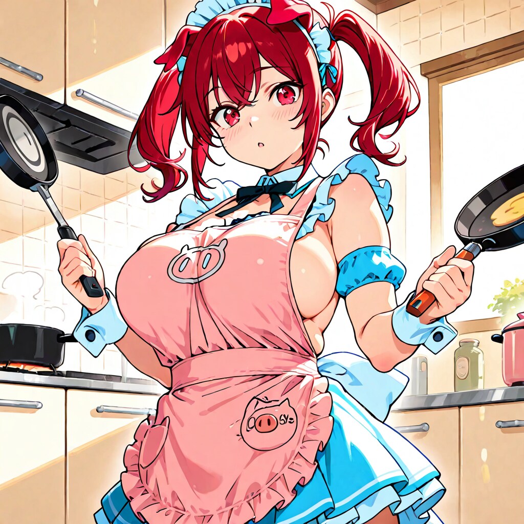 ピンクエプロンの料理長ブタ